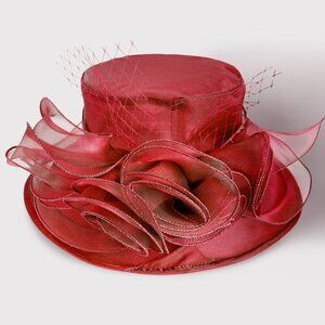 Burgandy Bow Mesh Accented Tea Party Organza Dressy Hat